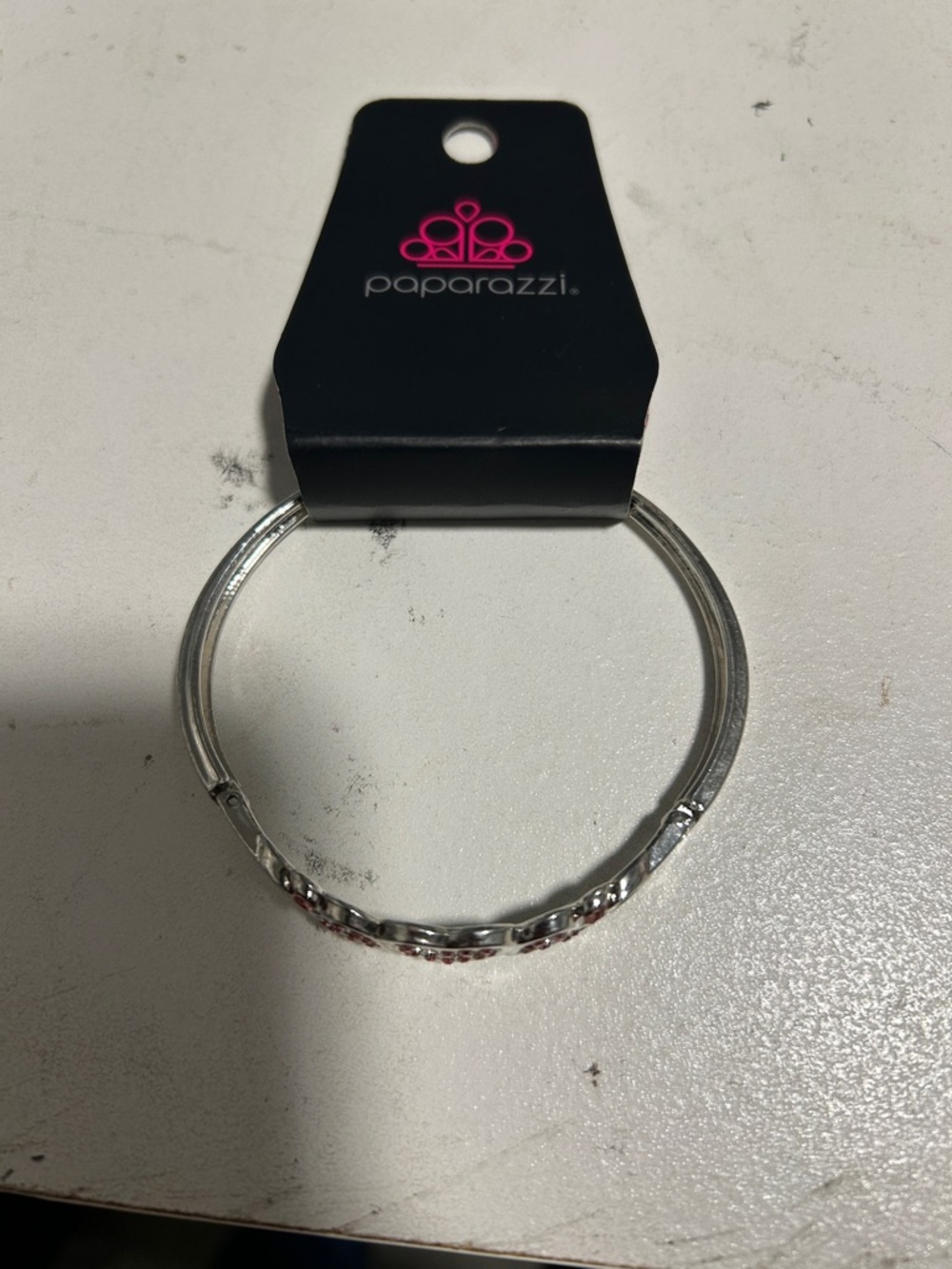 paparazzi Silver-Tone Crystal Accent Hinged Bangle with Pink Gems